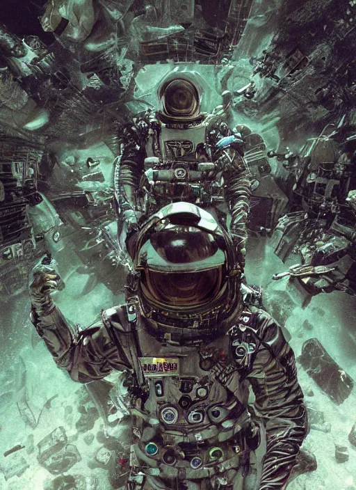 Image similar to astronauts in dark void underwater - complex and hyperdetailed technical suit. reflection and dispersion materials. rays and dispersion of light. volumetric light. f / 3 2. noise film photo. flash photography. ultra realistic, wide angle. poster by wayne barlowe, hajime sorayama aaron horkey, craig mullins