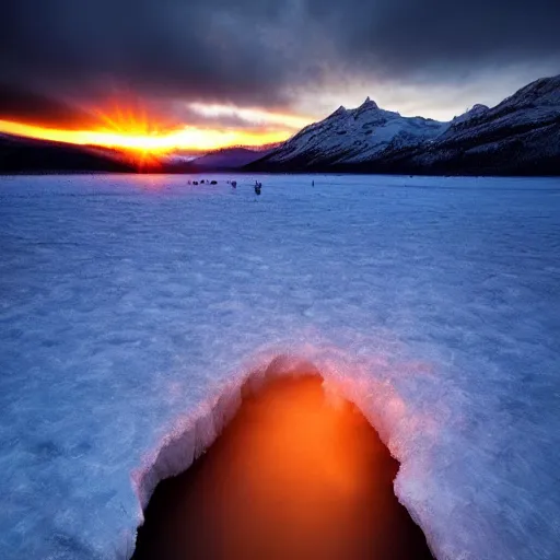 Image similar to amazing landscape photo of A monster trapped under the ice transparent frozen lake at sunset by marc adamus beautiful dramatic lighting