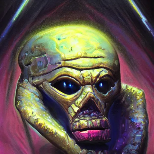 Image similar to the thing which should not be, mike mignogna, dark vintage sci fi, strong contrasts, vivid colors, oil painting, trending on artstation, rough paper