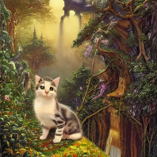 Image similar to painting of one kitten in the enchanted forest standing on the steps and watching the waterfall, fantasy, intricate, extremely detailed, matte, featured in artstation, art by louis wain, greg rutkowski