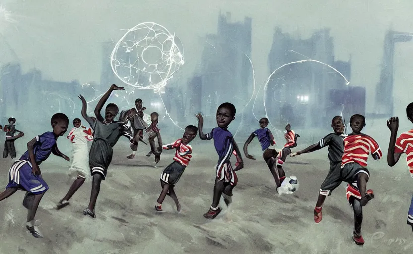 Image similar to young boys from africa playing football and a spiral - shaped white luminous attractor is floating on the horizon in soviet city, concept art, art for the game, professional lighting