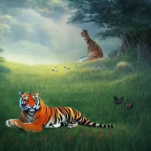 Prompt: tiger sits on a meadow, surrounded by butterflies, waterfall in the distance artstation