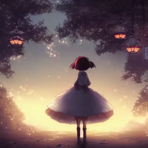 Image similar to anime, incredible wide screenshot, ultrawide, realist proportions, paper texture, intricate, very detailed, studio ghibli movie scene, girl in a dress walking a beautiful forest village, lanterns, wood bridges, night, outdoors, fireflies!!!!, fog