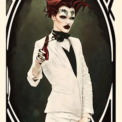 Image similar to beautiful portrait of androgynous ruby rose as desire from sandman in a white tuxedo!!!, rockabilly style, by alphonse mucha, cedric peyravernay, by jeremy mann, by frank moth, white suit and black tie, soft lightning, high detailed, 8 k