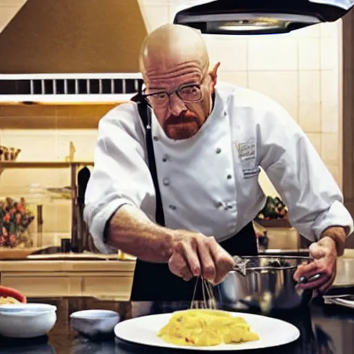 Prompt: Walter White cooking in a gourmet kitchen, photorealistic hd
