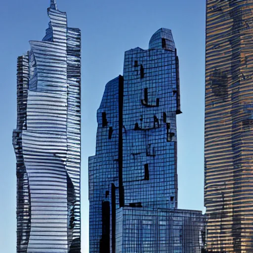 Prompt: an obsidian skyscraper designed by frank gehry, far away in a skyline