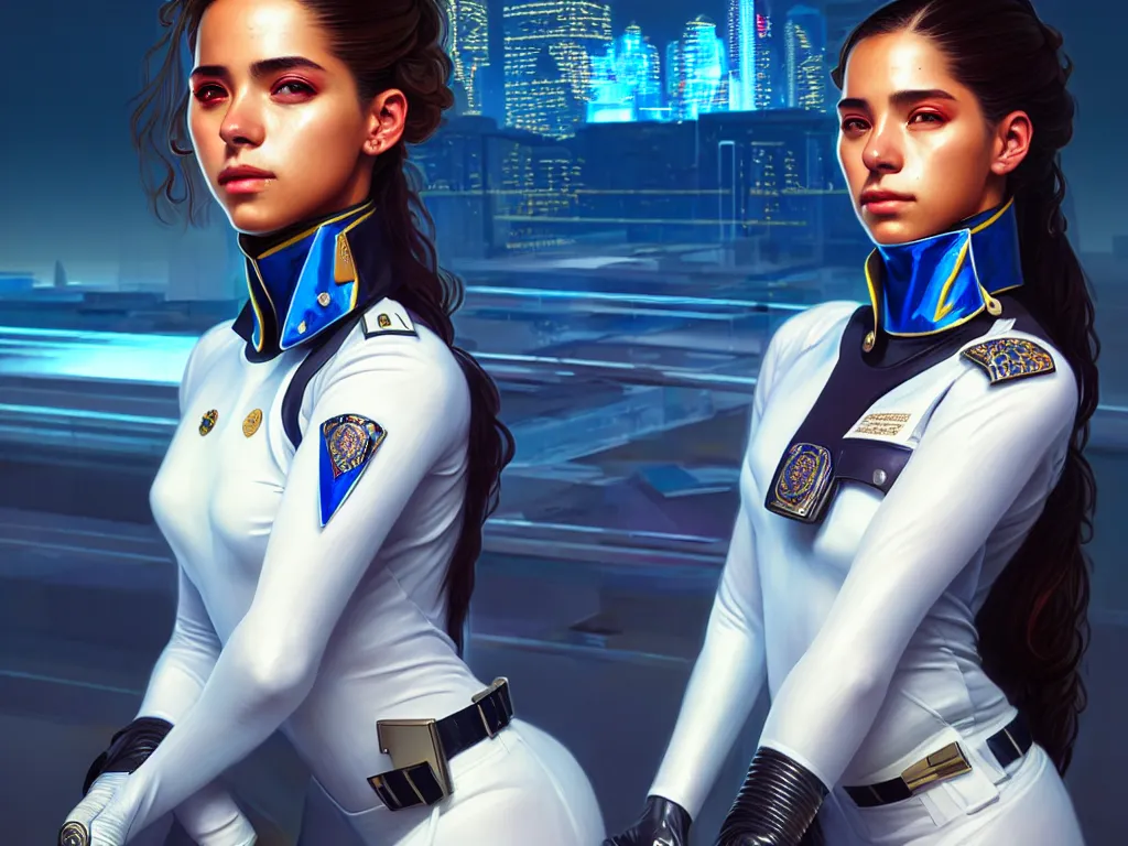 Image similar to portrait futuristic venezuela police uniform girl, at future neon light rooftop, ssci - fi and fantasy, intricate and very very beautiful and elegant, highly detailed, digital painting, artstation, concept art, smooth and sharp focus, illustration, art by tan zi and ayanamikodon and alphonse mucha and wlop