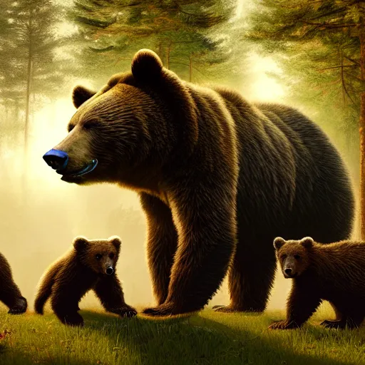 Image similar to wild bear with cubs the forest, tone mapping, akihiko yoshida, james jean, andrei riabovitchev, marc simonetti, digital illustration, greg rutowski, high key lighting, volumetric lighting, digital art, highly detailed, intricate, ornate, complex, octane render, photorealistic