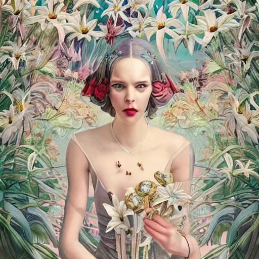 Image similar to pretty model with white lilies : : by martine johanna and simon stalenhag and chie yoshii and casey weldon and wlop : : ornate, dynamic, particulate, rich colors, intricate, elegant, highly detailed, vogue, wolf, harper's bazaar art, fashion magazine, smooth, sharp focus, 8 k, octane render