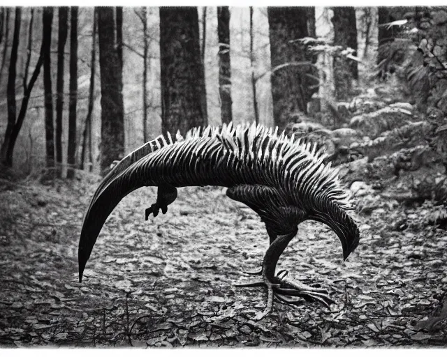 Image similar to hyper realistic vintage photograph of a real feathered velociraptor in a forest, ultra detailed, grain, old, monochrome, sepia toned, realistic lighting, wide angle, prehistoric planet