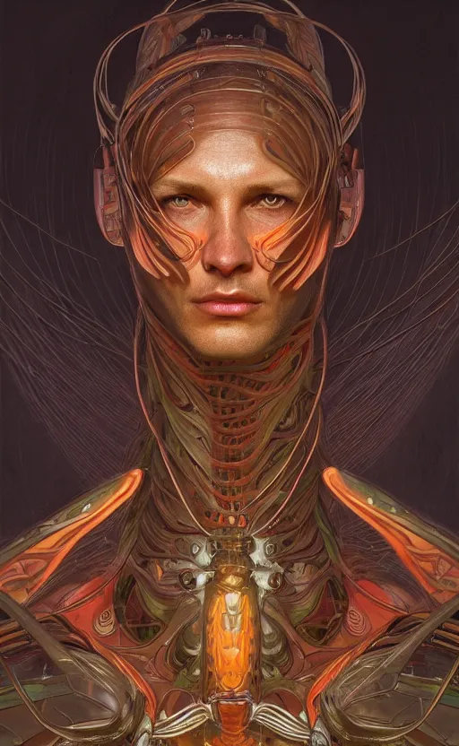 Image similar to portrait of an insectoid man, praying mantis human, concept art, deep focus, fantasy, intricate, highly detailed, digital painting, artstation, matte, sharp focus, illustration, art by artgerm and greg rutkowski and alphonse mucha