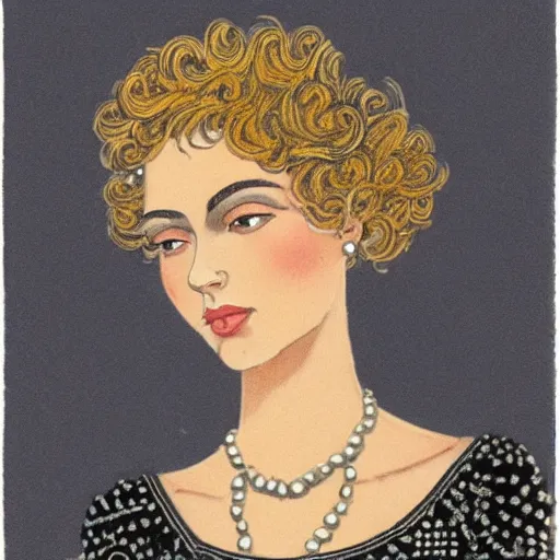 Prompt: ornate by cyril pontet flax. illustration. a beatiful portrait of a young woman, pictured from the shoulders up, wearing a pearl necklace & earrings. she has blonde hair that is styled in loose curls, & she is looking to the side with a soft expression.