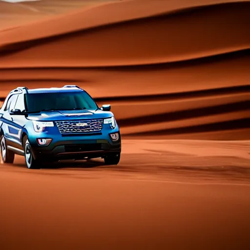 Prompt: 2018 Ford Explorer, car photography, desert, throwing sand