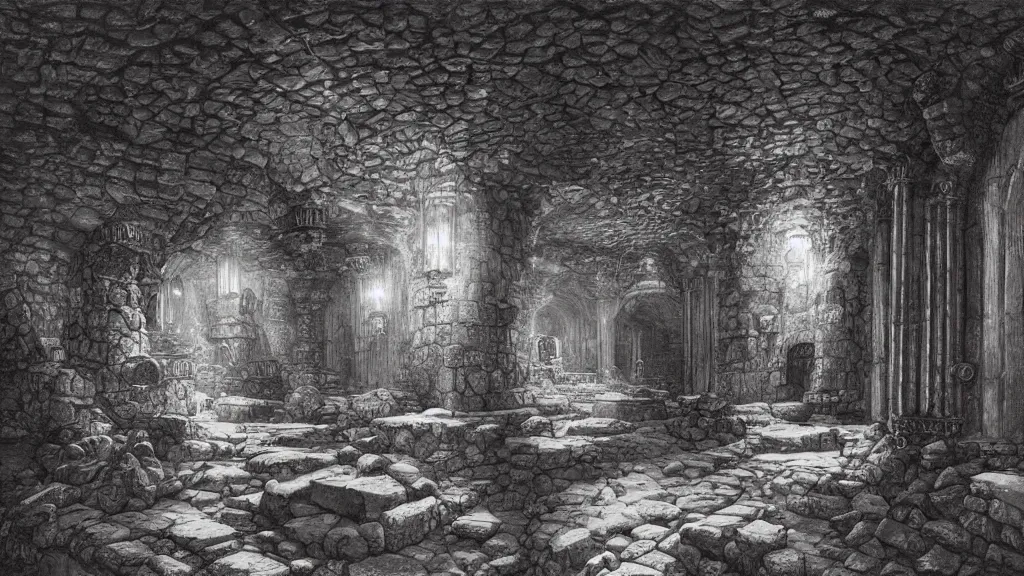 Prompt: magnificent dwarven city in underground cavern, worked stone, light shafts, imposing architecture, fantasy art, 8 k, by gustave dore, jeff easley, thomas kinkade
