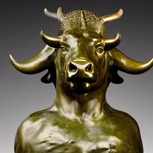 Prompt: professional color photograph of a patinated bronze bust of an angry water buffalo, Troigne view supported by a bronze plinth, by (Auguste Rodin), (Jean-Leon Gerome), FREDERIC REMINGTON