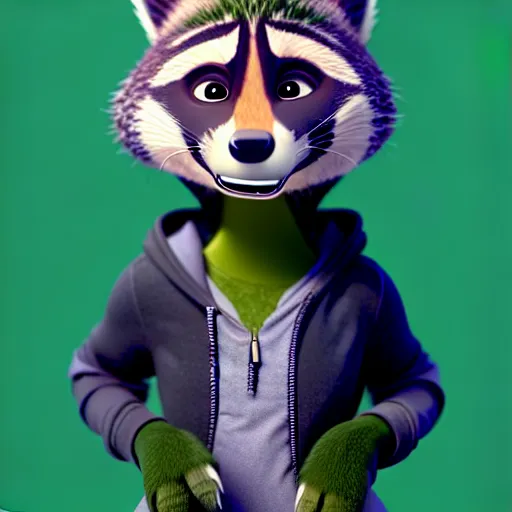 Prompt: a chill stoner with a black hoodie on with a marijuana themed dark green raccoon head from zootopia, wearing beanie, smoking, 3 d, blender 3 d, render, extremely detailed, 8 k, detailed fur