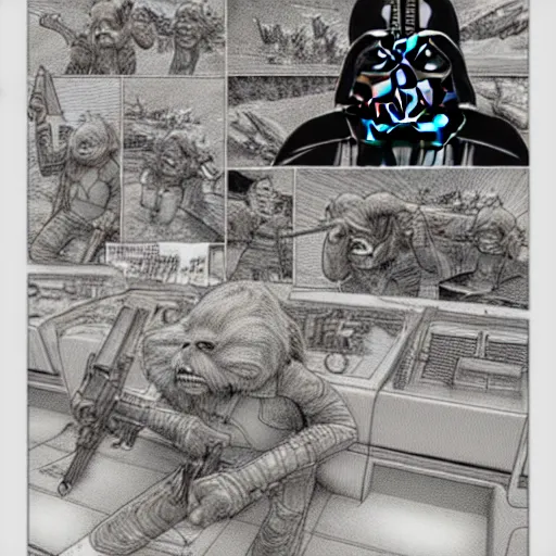Image similar to highly detailed newspaper comics art style art of scenes from star wars fanart, detailed and intricate environment