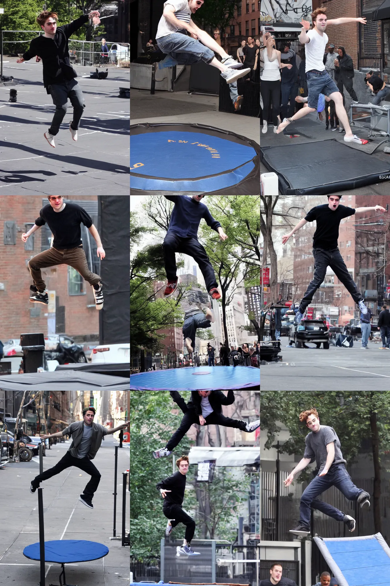 Prompt: robert pattinson jumping on a trampoline in new york city, photography