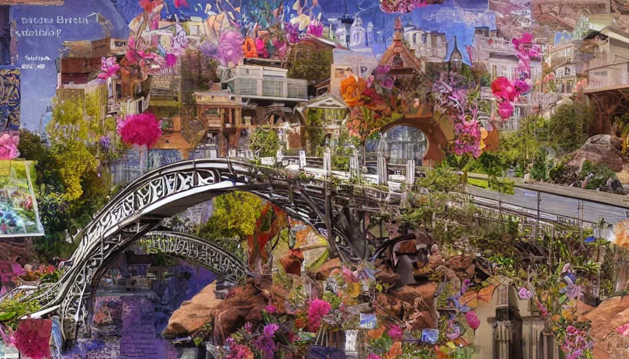 Image similar to detailed bridge with unexpected maximalist elements. 8x HD mixed media 3D collage in the style of an hyperdetailed childbook illustration in soft natural tones. matte background no frame HD