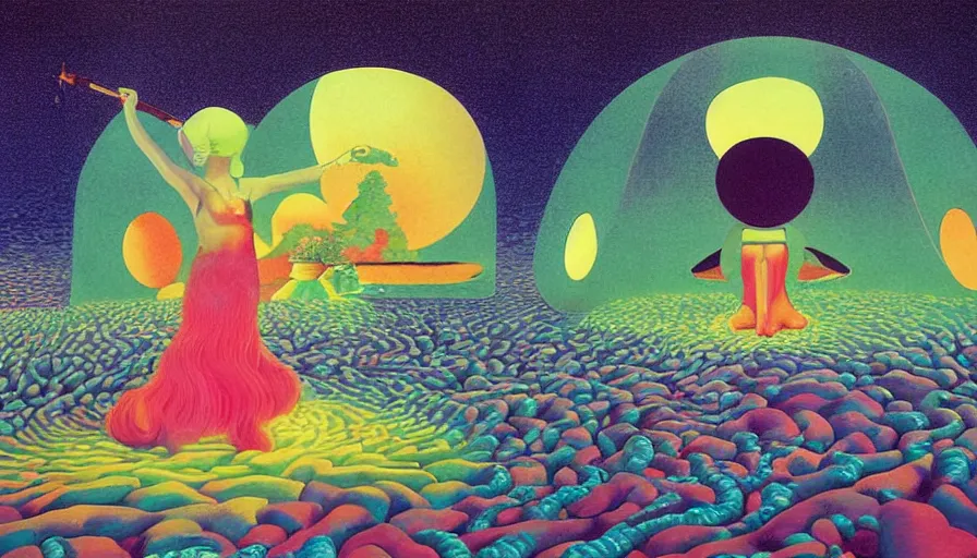 Image similar to musical goddess performing in the dome outside Osaka, surrealist psychedelic collage painting in the style of Magritte, Roger Dean, Yoshio Awazu, muted deep neon color