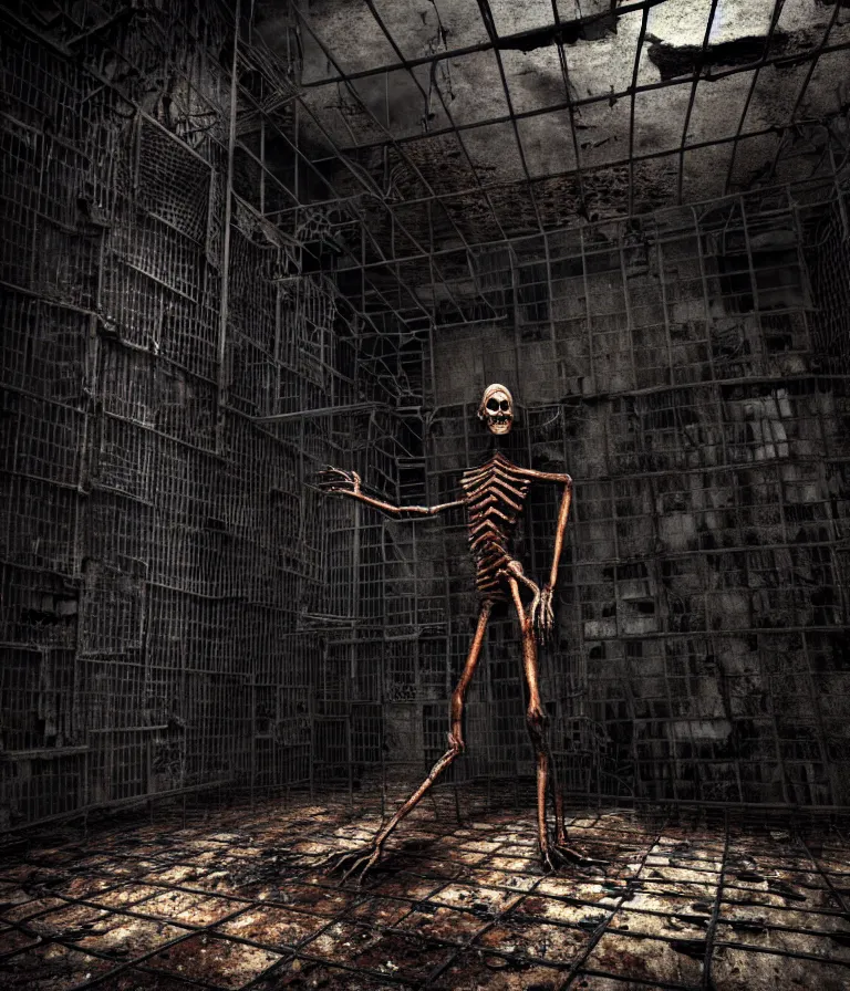 Image similar to Creepy huge suffering humanoid with long limbs sits on the floor. An underground very dark gloomy multi-layered structure of rusty thick iron grates, dense chain-link fencing and peeling walls. Inside view, collapsed floors, bent rusted iron, masterpiece, black background, corners, cinematic, hyperdetailed, photorealistic, hyperrealism, octane render, 8k, depth of field, bokeh, architecture, shadows, art by Zdzisław Beksiński, Dariusz Zawadzki