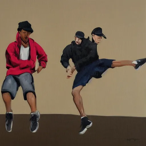 Image similar to painting of breakdancers in baggy 90s clothing in the style of michael carson