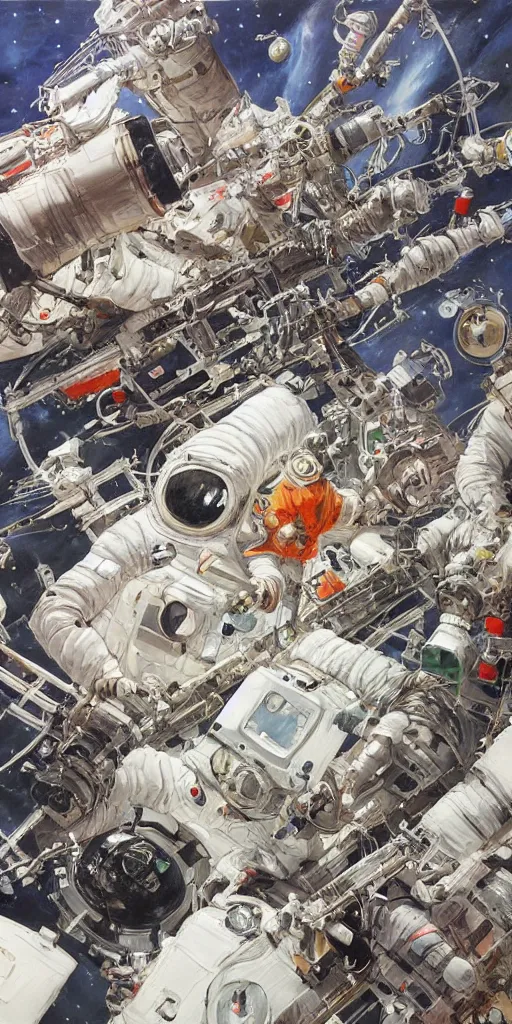 Image similar to oil painting scene from space station by kim jung gi