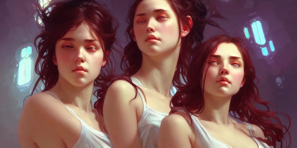 Image similar to three beautiful college girls rolling on ecstasy covered in sweat and dilated pupilsl, highly detailed, digital painting, artstation, concept art, matte, sharp focus, illustration, art by artgerm and greg rutkowski and alphonse mucha