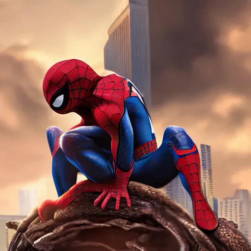 Image similar to spider - man sit on big raccoon, eating donuts, action scene, concept art, trending on artstation, highly detailed, intricate, sharp focus, digital art, 8 k