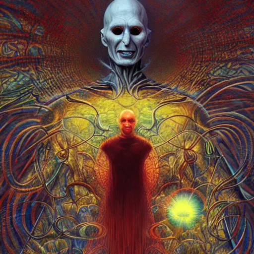 Prompt: cybernetic voldemort goes on an ego trip under lsd, by alex grey, by Esao Andrews and Karol Bak and Zdzislaw Beksinski and Zdzisław Beksiński, trending on ArtStation