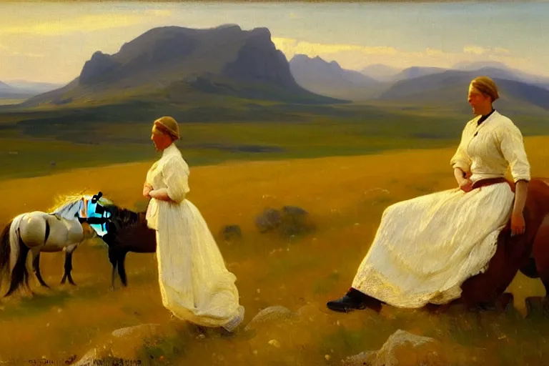 Image similar to scenic western mountain landscape with wild horses and a woman in a long white traditional dress, Anna Ancher & Peder Severin Krøyer, oil on canvas, beautifully daylight, artstation