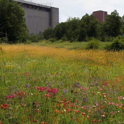 Prompt: a beautiful meadow in the middle of dirty industrial complex,