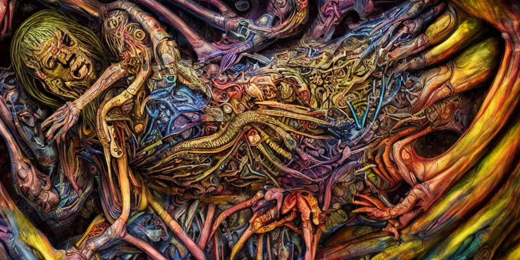 Image similar to dreamscape, giger, vivid colors, colorful, anatomical, highly detailed sculpture, intricate detailed, ommatidia, 8 k, cinematic atmosphere, post - processing