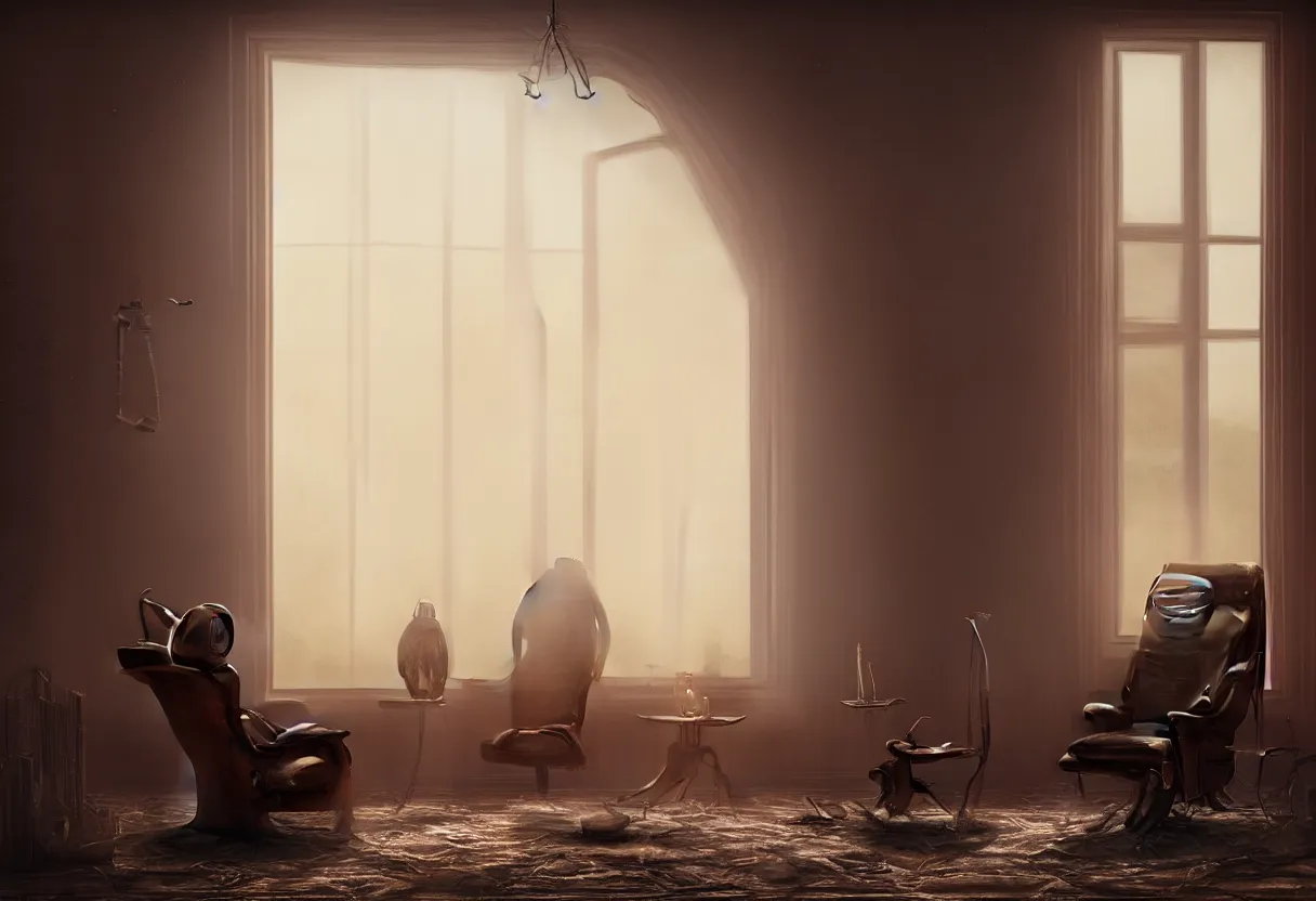 Image similar to intimate portrait photograph of one single lone solitary futuristic robot sitting on a frayed recliner in front of a beautiful fireplace with a cozy fire, in a dupost-apocalyptic Victorian home, soft morning light seeping in a window, with cinematic lighting and lens flare, tall ceiling, octane render, cgsociety, by Simon Stalenhag and Alfonso Cuaron, highly detailed closeup portrait, award-winning highly detailed 8k anamorphic closeup tight cinematic movie photograph