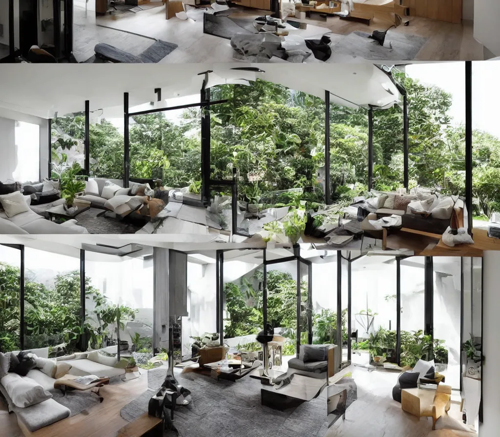 Prompt: a modern interior design, living room, residential design, floor - to - ceiling windows, and garden landscape outside the window ， by gracinha viterbo, trending ，