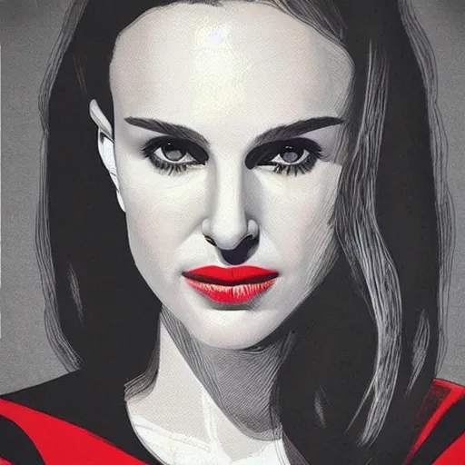 Prompt: “Natalie Portman highly detailed portrait, by Jamie Hewlett, red black white colors, white hair, space on the background, red eyes”