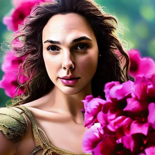 Image similar to fine art oil painting of the beauty gal gadot, she is posing while maintain a sweet eye contact to the camera, she has a crown of flowers, the photo was taken at sunrise with a bokeh effect, by steve mccurry, photorealistic, matte painting, hyper realistic, 4 k, 8 k, cinematic composition, hd, highly detailed, trending on artstation