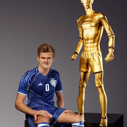 Image similar to a realistic detailed photo of a guy who is an attractive humanoid who is half robot and half humanoid, who is a male android, soccer players martin ødegaard & timo werner, shiny skin, posing like a statue, blank stare, in a living room, on display, showing off his muscles, gold soccer shorts, no jersey, statue, many copies of them