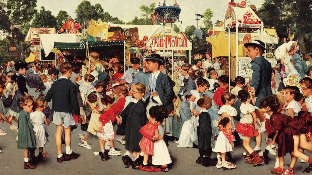 Image similar to kids wandering through a carnival, all ignoring the rides and pasting in their phones instead, by Norman Rockwell