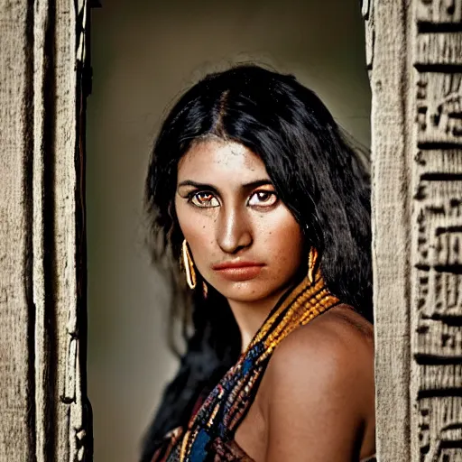 Prompt: vintage portrait of a stunningly beautiful aztec female, dark eyes, dark hair, olive skin, depth of field, zeiss lens, detailed, symmetrical, centered, fashion photoshoot, by edward s curtis, Annie Leibovitz and Steve McCurry, David Lazar, Jimmy Nelsson, Breathtaking, 8k resolution, extremely detailed, beautiful, establishing shot, artistic, hyperrealistic, beautiful face, octane render