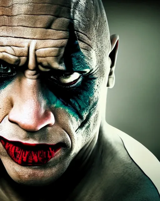 Image similar to Film still close-up shot of Dwayne The Rock Johnson as The Joker from the movie The Dark Knight. Cinematic, Photographic, photography