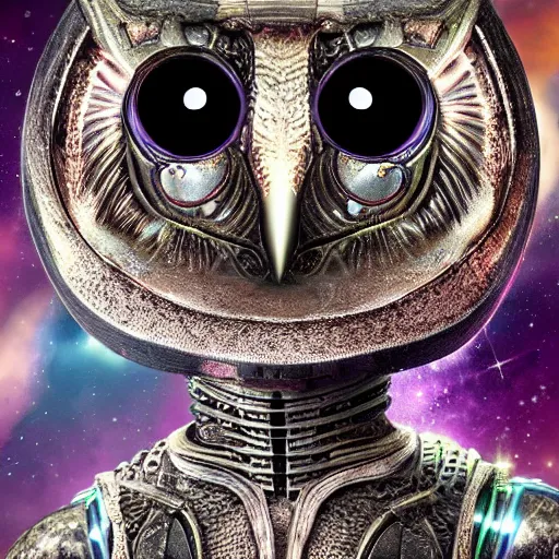 Image similar to alien owl, alien warrior, magic, stars, highly detailed, realistic, 8 k