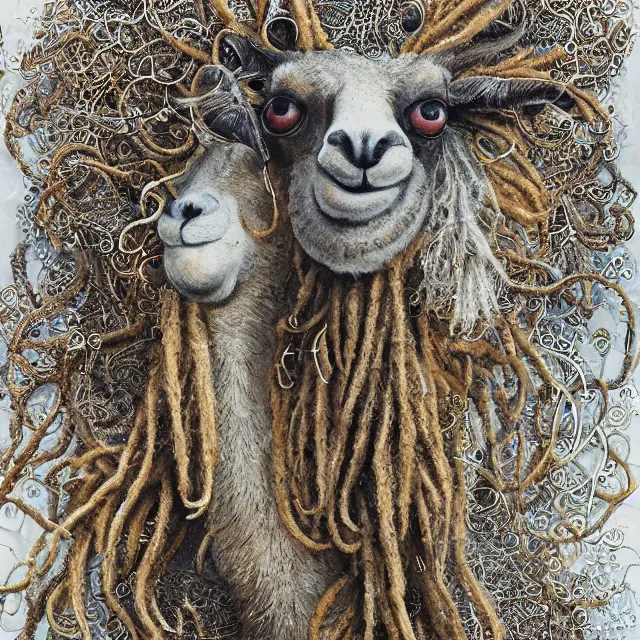 Image similar to llama with dreadlocks, detailed, by ernst haeckel, james jean, el anatsui, mandy jurgens