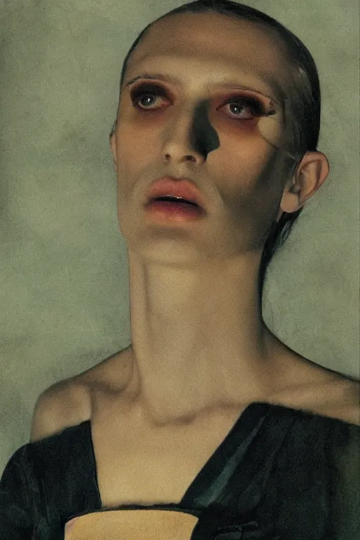 Image similar to hyperrealism close - up fashion portrait by roversi photo from the holy mountain by alejandro jodorowsky in style of francisco goya