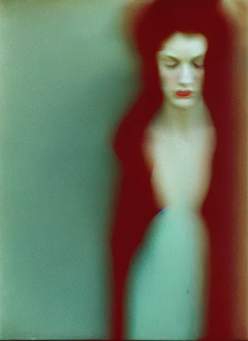 Prompt: out of focus, head to shoulders woman, photography by saul leiter and ernst haas in a decorated pompeii peristylium, tea green, airforce blue, red, pale skin, closed eyes