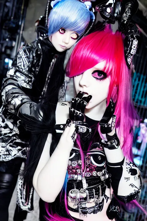 Image similar to cute black-and-red haired goth glitchcore girl, cute goth hatsune miku look and clothes, chrome hearts, hyper-maximalist, highly-detailed and intricate, trending on r/streetwear, outfit photo, we see them from head to toe