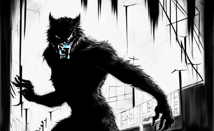 Image similar to in the style of artgerm, steve niles, rafael albuquerque, large hairy werewolf in a shopping mall at night, moody lighting, horror scary terror