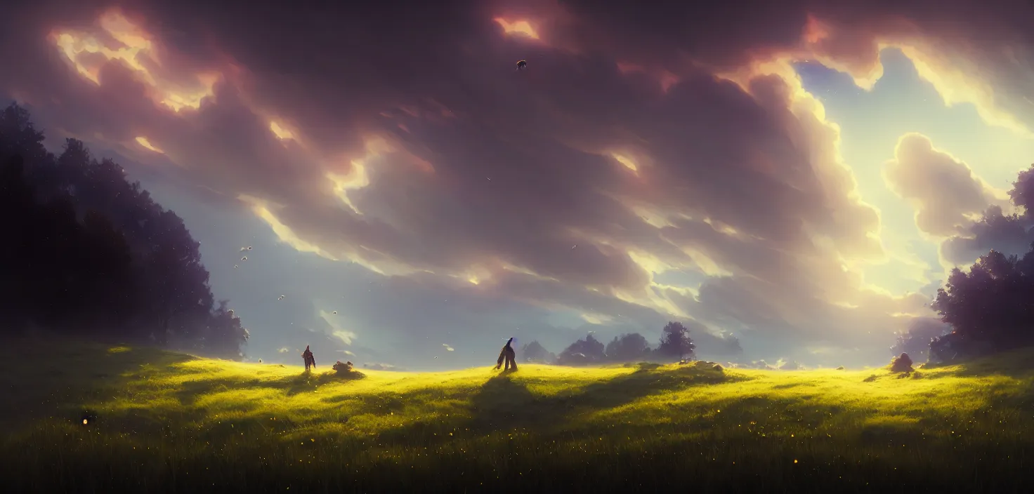Prompt: midnight, meadows on hills, blue flowers bloomed all over, glowing spores flying, cinematic view, epic sky, detailed, concept art, low angle, high detail, warm lighting, volumetric, godrays, vivid, beautiful, trending on artstation, by jordan grimmer, huge scene, grass, art greg rutkowski