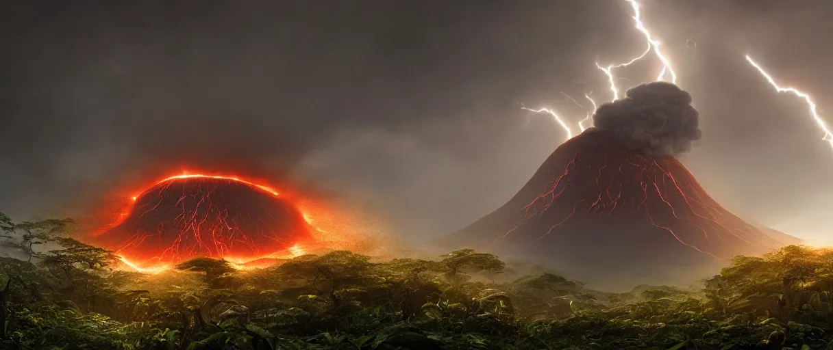 Image similar to a giant octopus god emerging over a rain forest, lightning, ambient sun, a volcano erupts, still from the movie the arrival, 8k