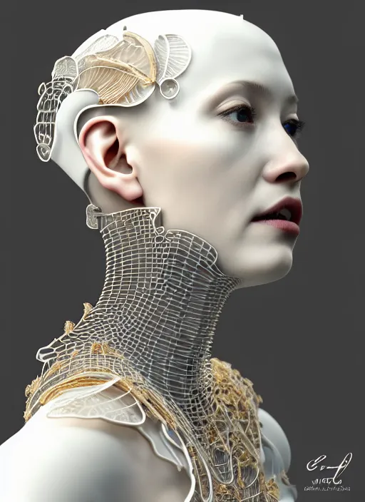 Image similar to complex 3d render ultra detailed of a beautiful porcelain profile woman face, mechanical cyborg, 150 mm, beautiful natural soft light, rim light, silver gold details, magnolia big leaves and stems, roots, fine foliage lace, maze like, mesh wire, intricate details, hyperrealistic, ultra detailed, mandelbrot fractal, anatomical, white metal neocubism armor, facial muscles, cable wires, microchip, elegant, octane render, H.R. Giger style, 8k